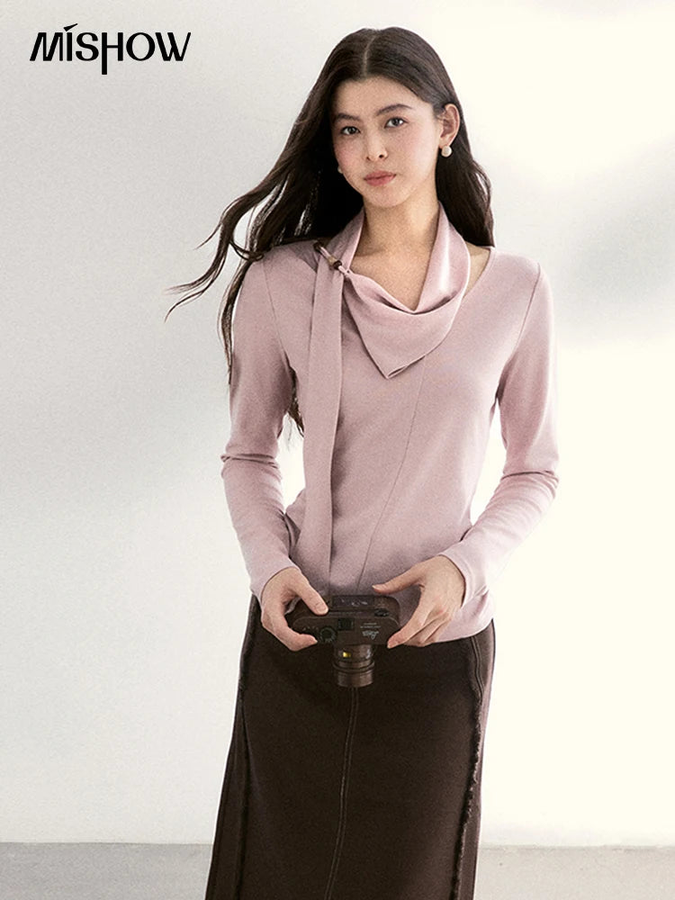 Mishow Pink Scarf Neck Color Collision Bead Top MXF108Z1025