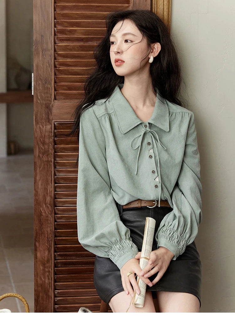 MISHOW Vintage Green Blouse Bow Lace-Up Lantern Sleeve MXD44C0337