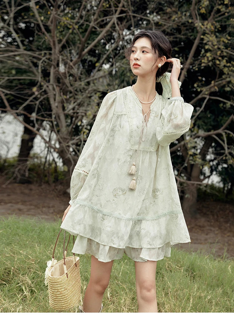 Mishow Floral V-Neck Tassel Lantern Sleeve Dress MXE15L2121