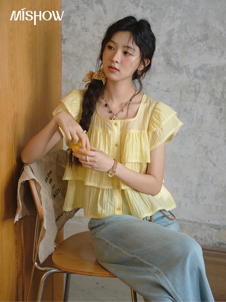 MISHOW Butterfly Sleeve Chiffon Shirt Square Neck Button MXD30X1488
