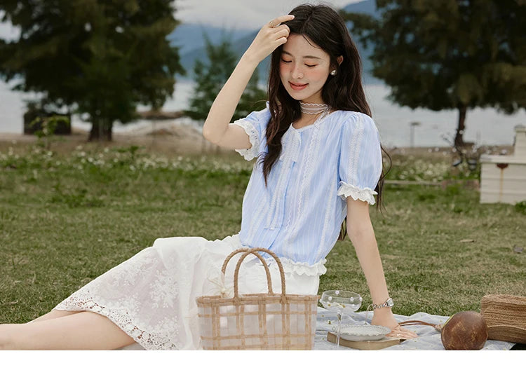 MISHOW Striped Blouse Short Puff Sleeve Lace Patchwork MXE32X1759
