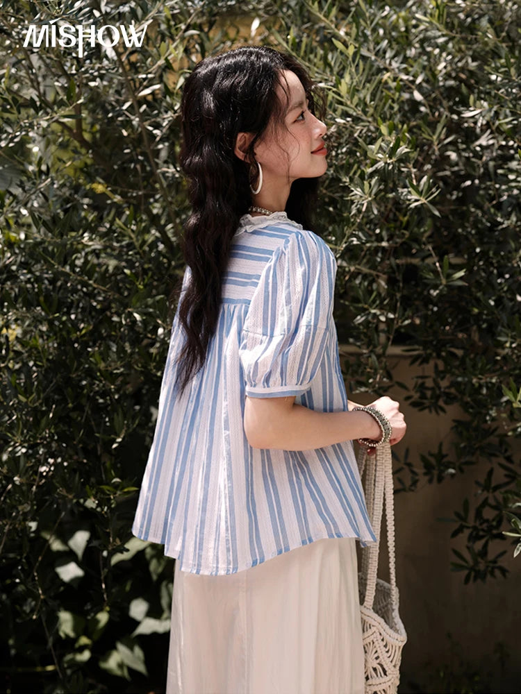 MISHOW Cotton Striped Blouse Lantern Sleeve Lace V-Neck MXE36X1845