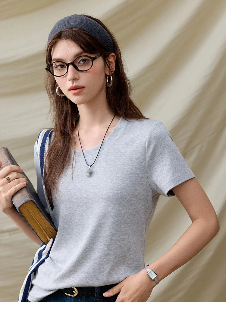 Mishow Solid Straight Shoulder Lace Trim Tee MXE31T0532