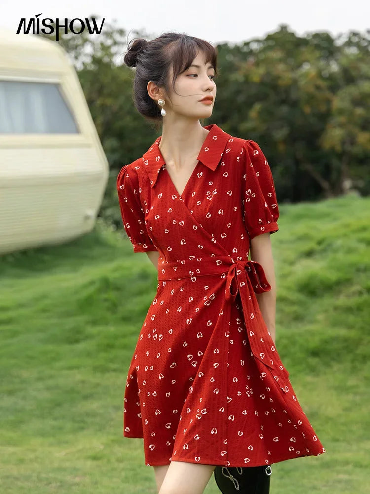 Mishow Red Chiffon V-Neck Floral Midi Dress MXA29L0356