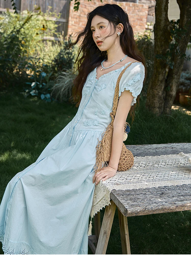 Mishow V-Neck Mushroom Edge Embroidery Button Dress MXE39L2407