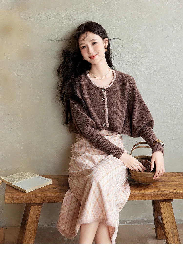 Mishow French Knitted Cardigan & Plaid Camisole Dress Set MXD43L2012