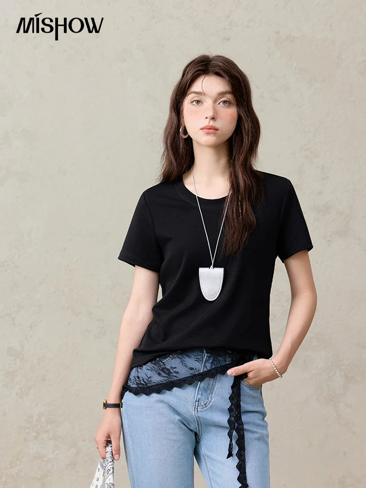 Mishow Solid Straight Shoulder Lace Trim Tee MXE31T0532