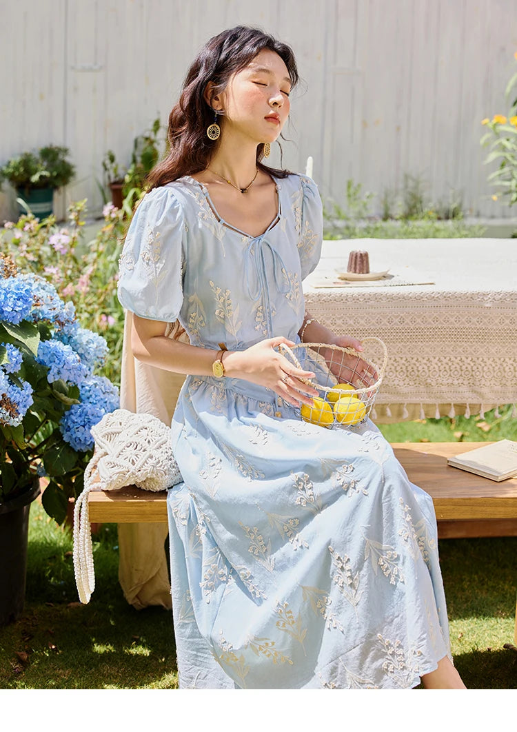 Mishow Blue Square Neck Bubble Sleeve Cotton Dress MXE35L2234
