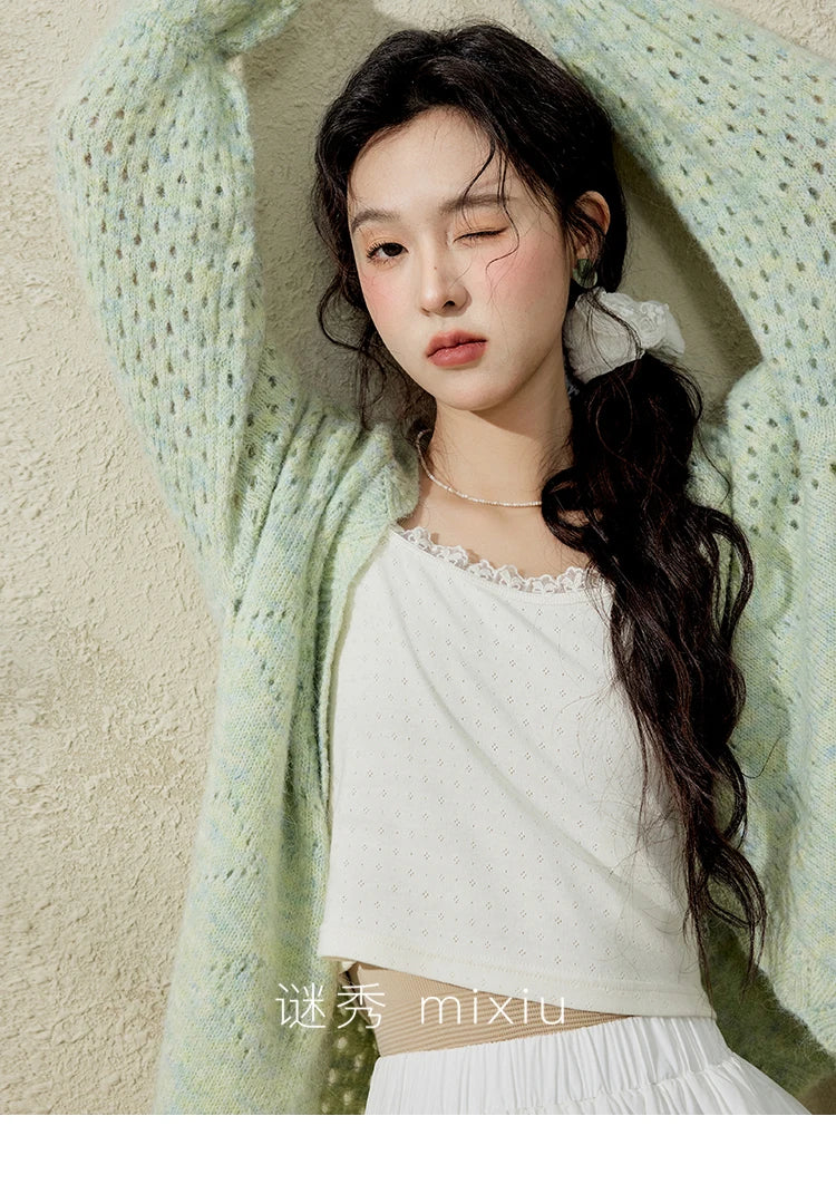 Mishow Green Hollow Out Wave Neck Cardigan MXE12Z1212