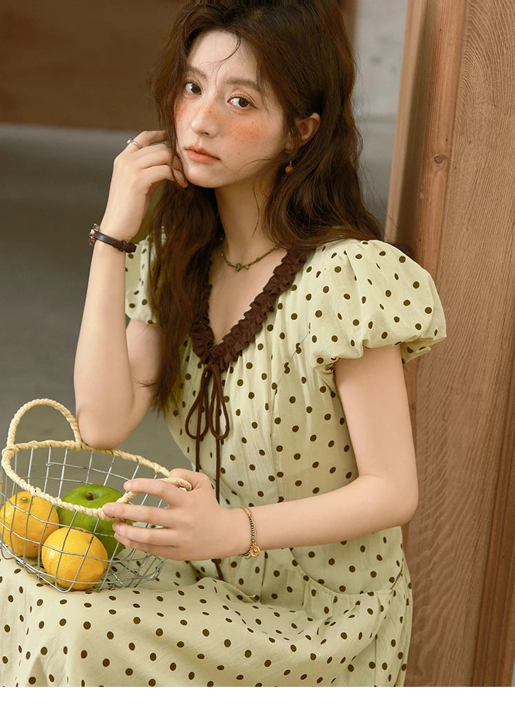 Mishow Polka Dot V-Neck Lace Up Puff Sleeve Dress MXE39L2326