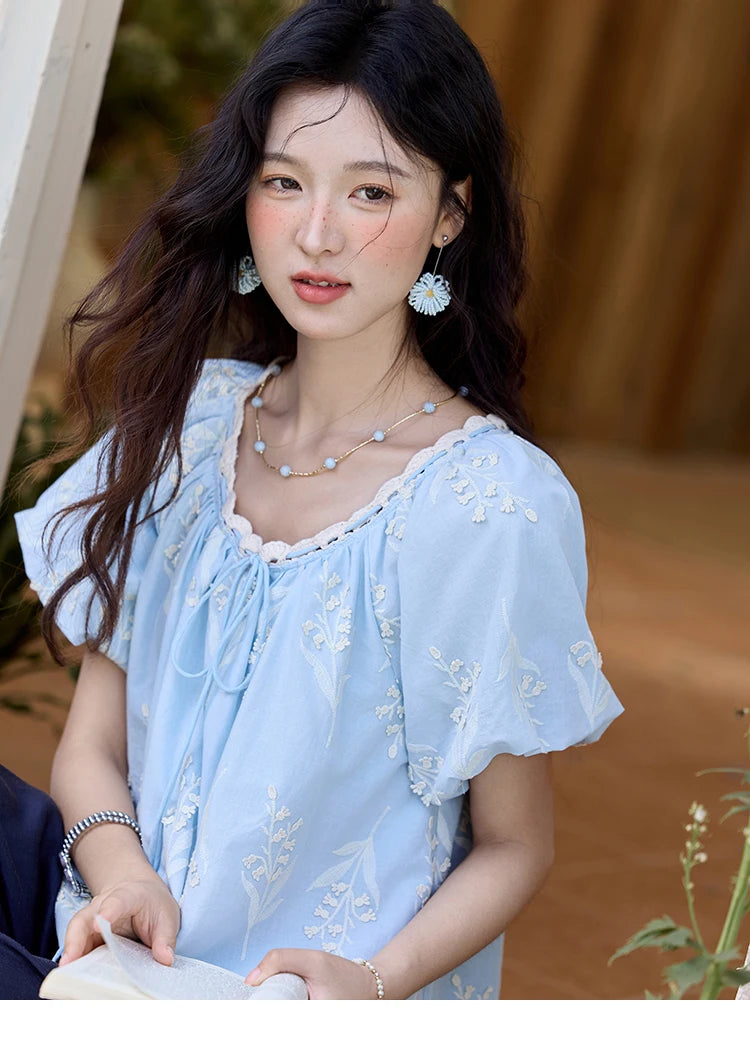 MISHOW Blue Cotton Embroidered Blouse Wave Edged O-Neck MXE35X1791