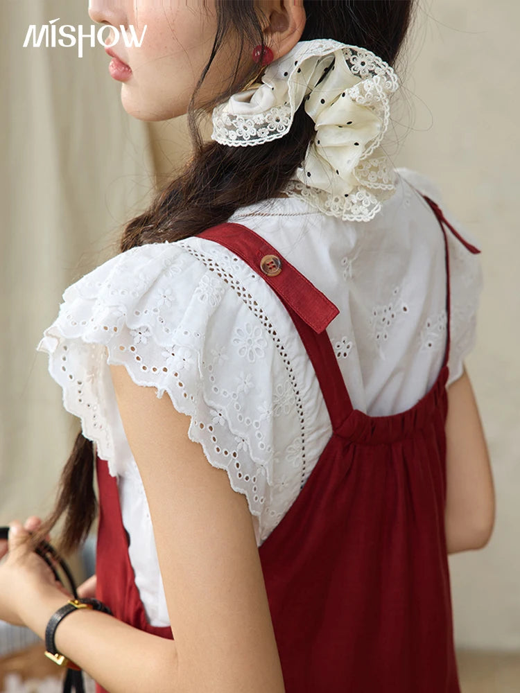MISHOW Flying Sleeve Cotton Blouse Hollow Lace Slim Waist MXE36X1844