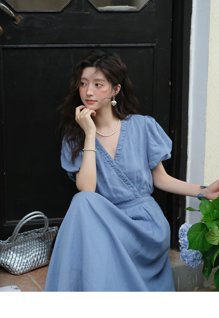 Mishow V-Neck Puff Sleeve Pocket Sash Dress MXE39L2381