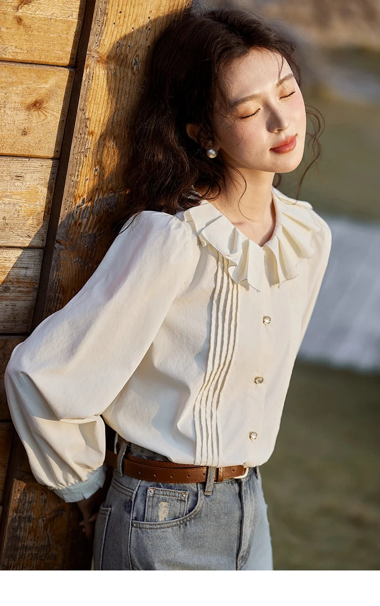 MISHOW Tucker Pleats Doll Neck Shirt Ruffled O Neck MXE12C0401