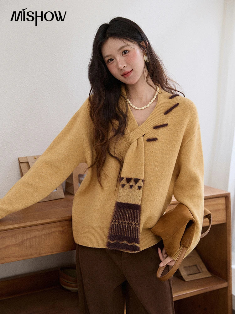 Mishow Yellow V-Neck French Workwear Pullover MXE87Z2771