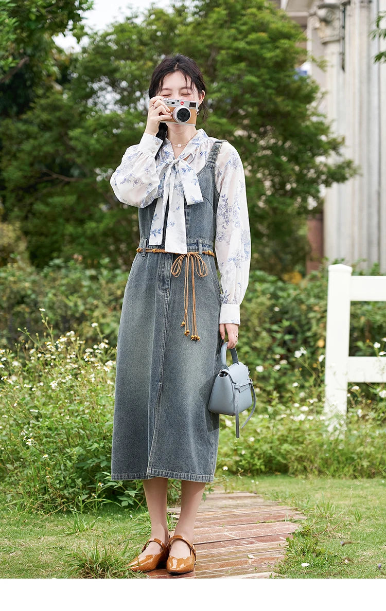MISHOW Retro Denim Strap Pocket Midi Dress MXD14L1817