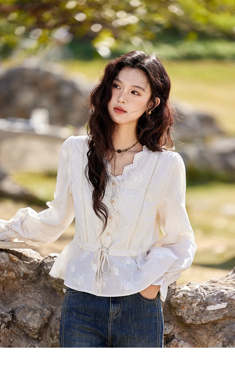 MISHOW Embroidered Lace Blouse V-Neck Drawstring MXE11X1708