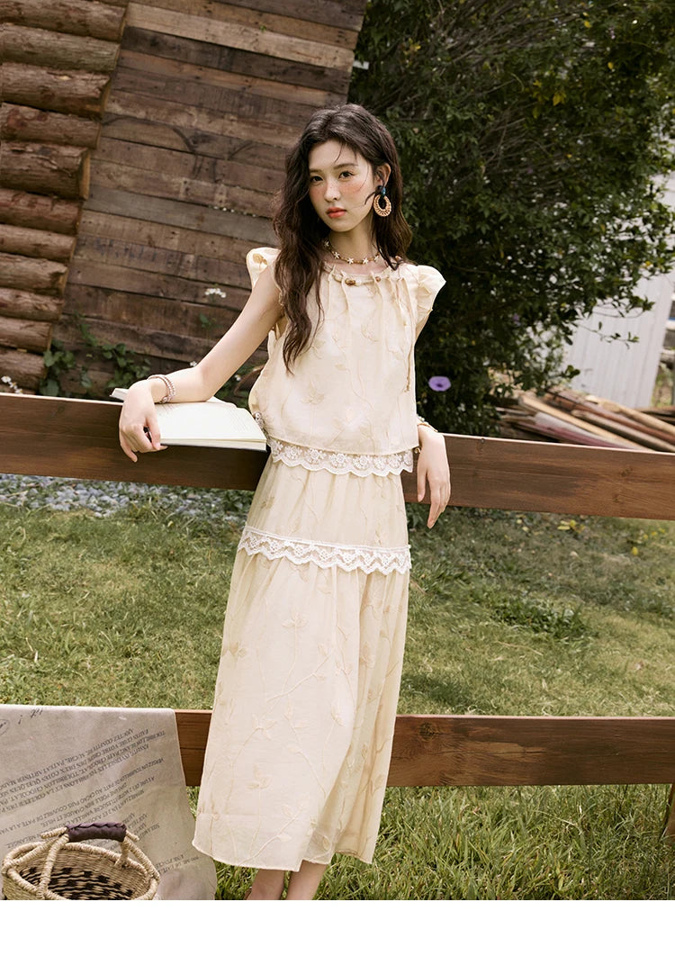 Mishow Short Flying Sleeve Top & Hollow Embroidery A-Line Skirt Set MXE33T0545