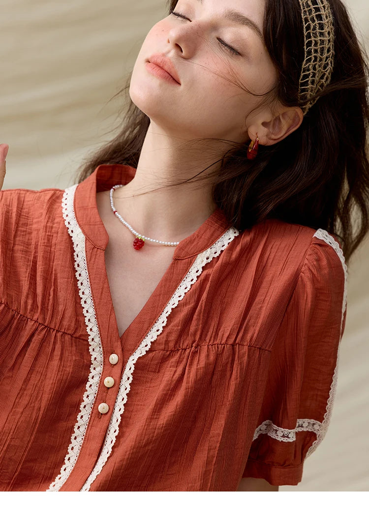 MISHOW French Blouse Women V-Neck Short Sleeve Color Matching Shirt MXE31X1766
