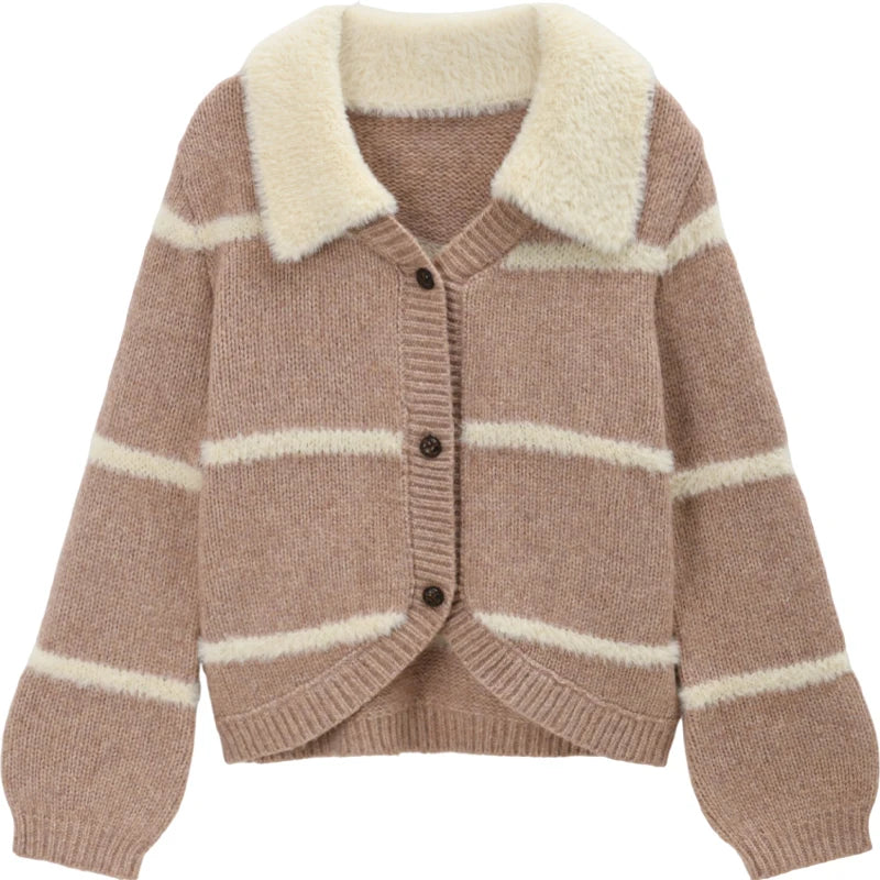 Mishow Faux Mink Turn-Down Collar Striped Cardigan MXE89Z2668