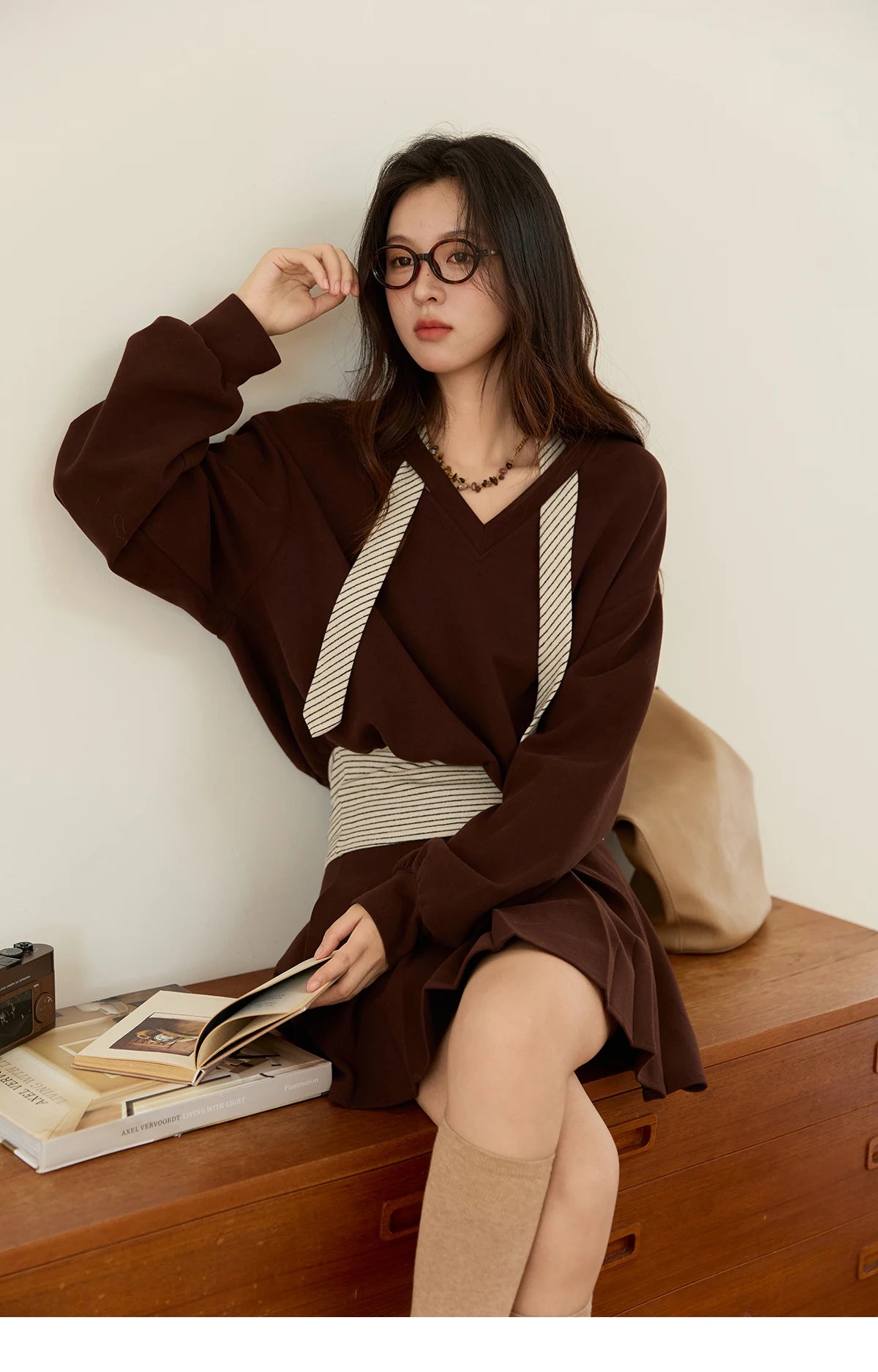 Mishow Retro Brown V-Neck Sweatshirt & Pleated Skirt Suit MXE47T1415