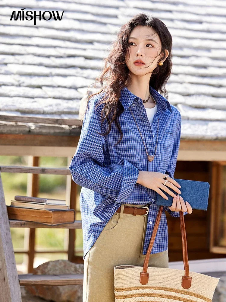MISHOW Retro Blue Checkered Shirt Lapel Cotton Loose MXE11C0398