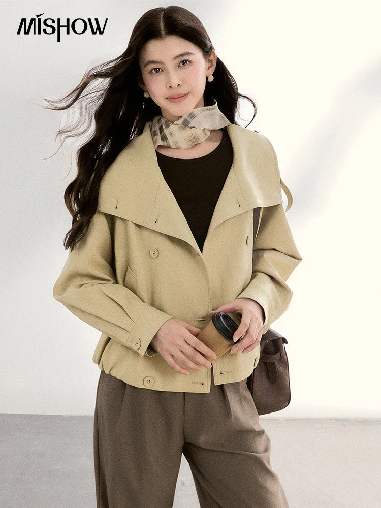MISHOW Khaki Cropped Leather Jacket Lapel Stand Collar MXF108W1000
