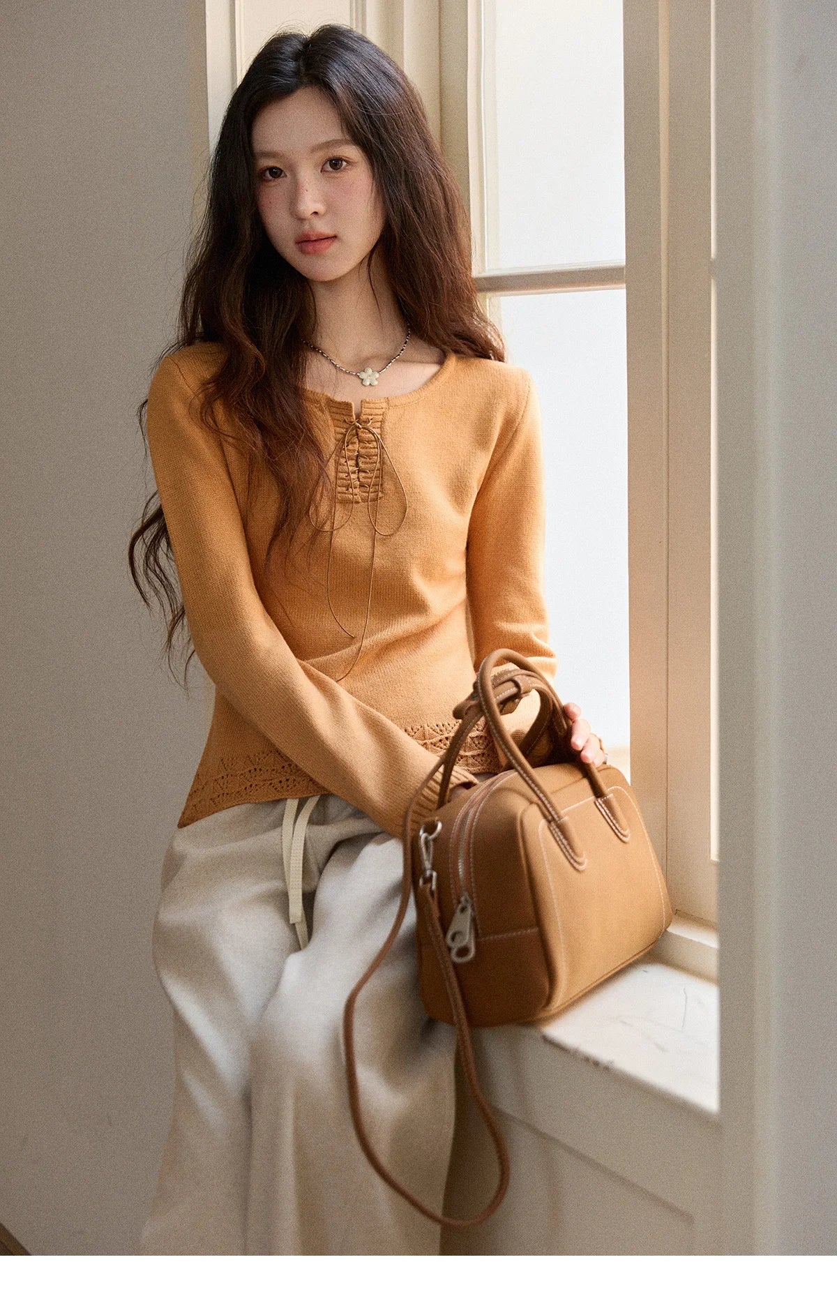 Mishow Beige Contrast French Hem Crochet Sweater MXE89Z2634
