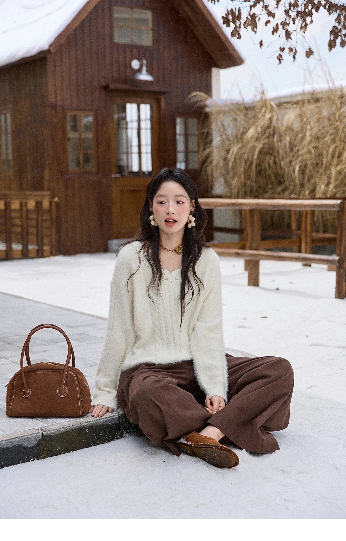 Mishow Apricot Soft V-Neck Cable Knit Pullover MXE51Z2594