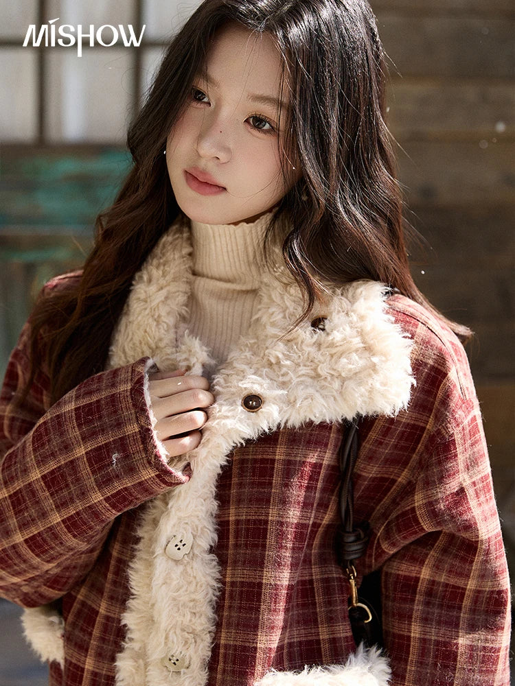 Mishow Reversible Red Plaid Lamb Wool Coat MXE93W1009