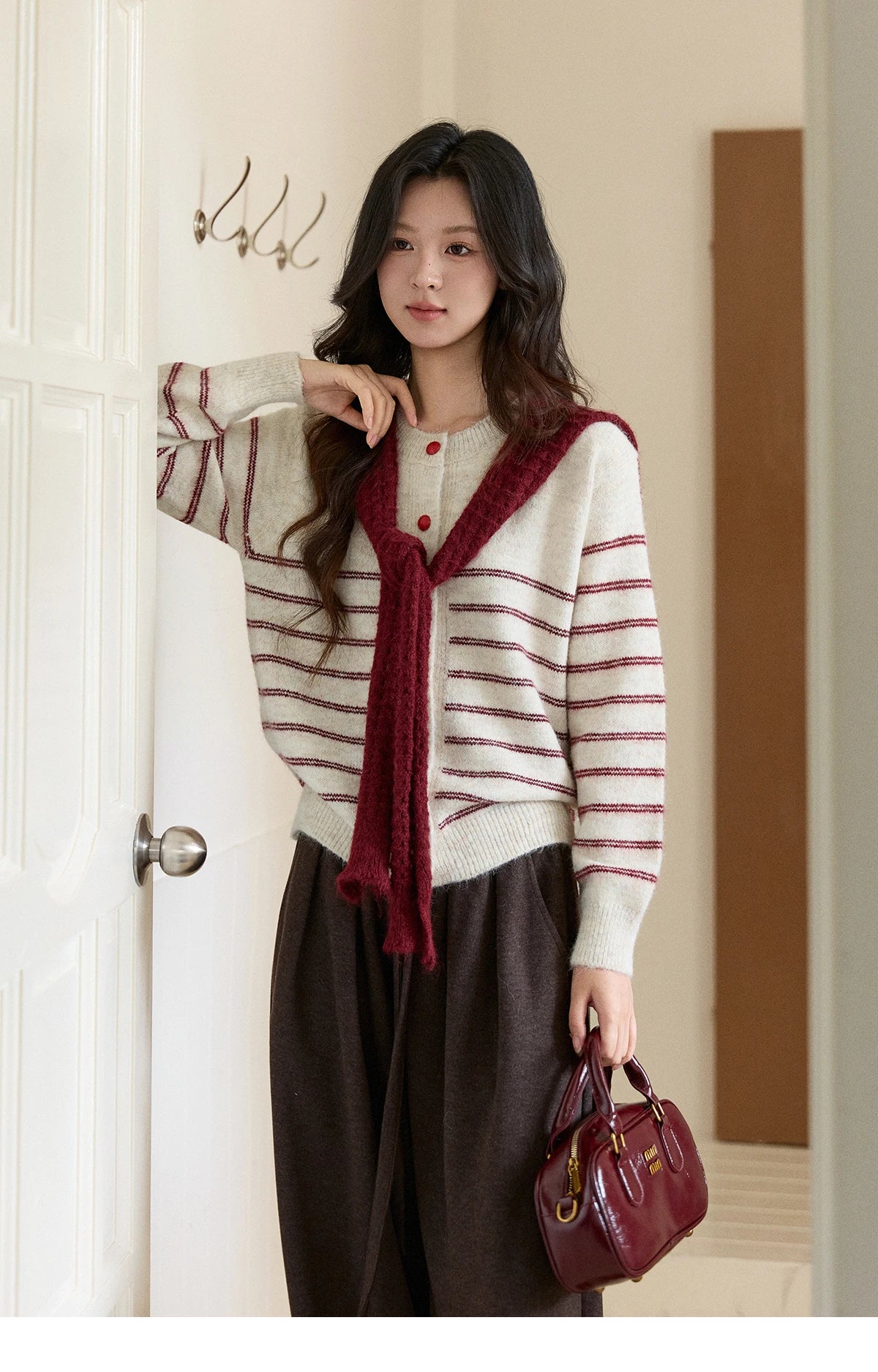 Mishow Beige Striped Red Scarf Button Cardigan MXE93Z2948