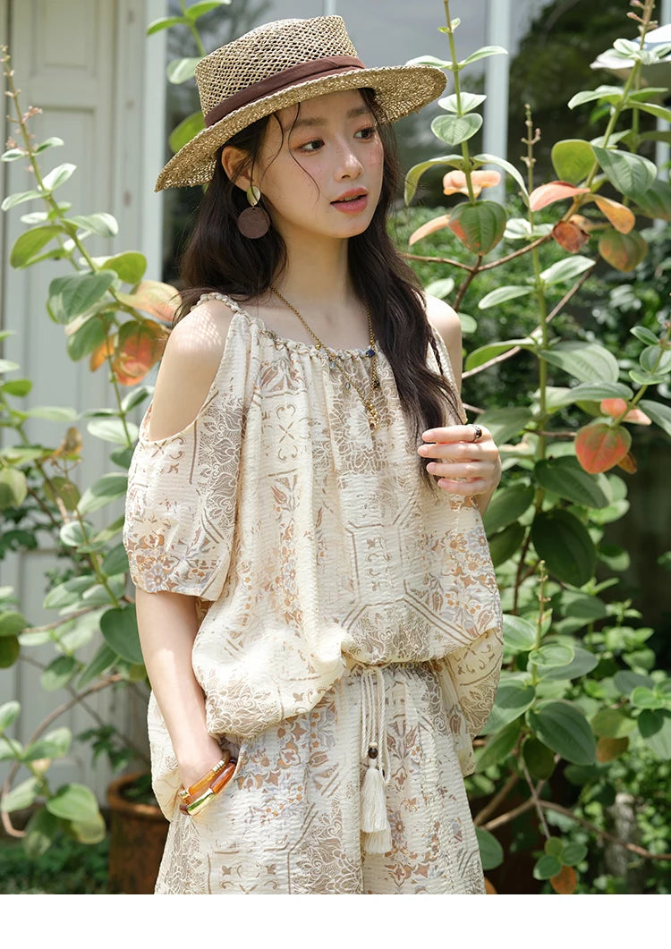 Mishow Bohemian Print Top & Beaded Tassel Drawstring Shorts Set MXE39T0723