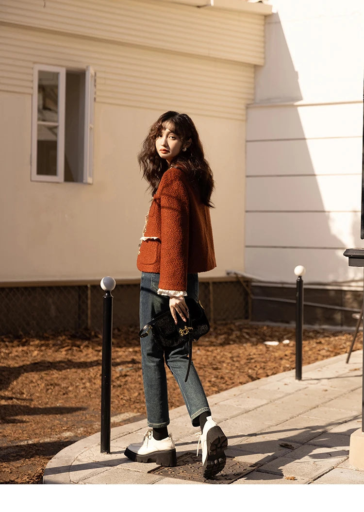 MISHOW Wool Coat Lace Splicing Lamb Wool Button Pockets MXB43W0720