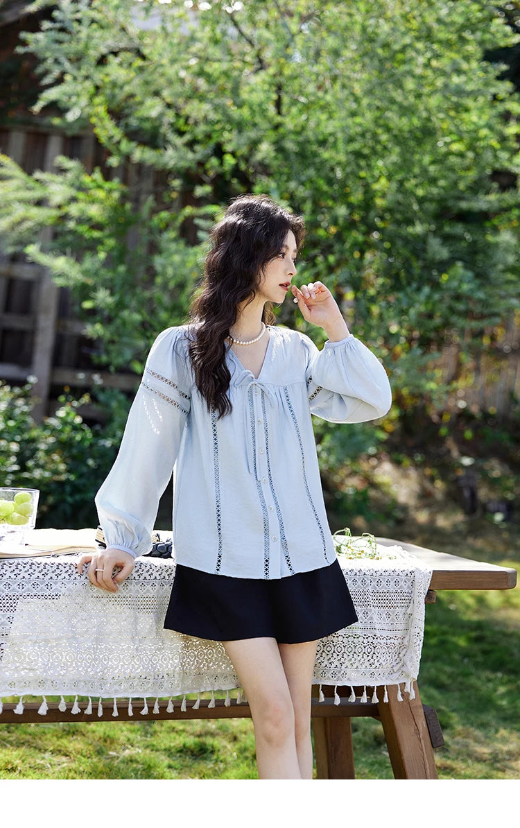MISHOW Blue V-Neck Shirt Lace-Up Hollow Lantern Sleeve MXE12C0411