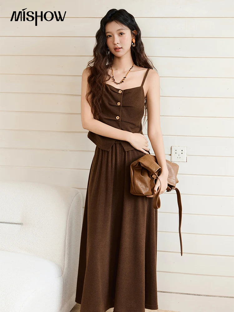Mishow Retro Dark Brown Tank Top & Pleated A-Line Skirt Set MXE46T1378