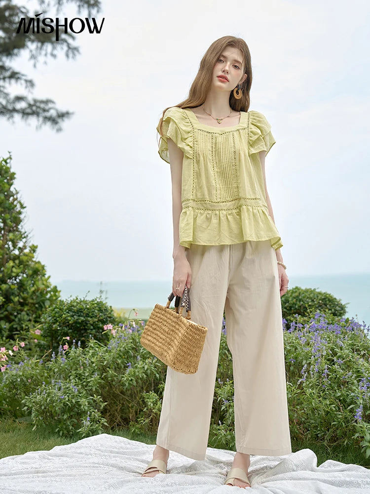 MISHOW Lace Flying Sleeve Blouse Square Neck MXD30X1574