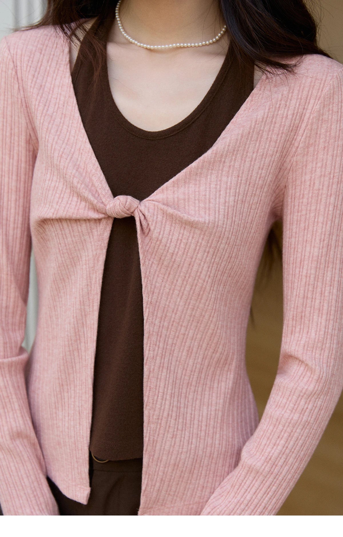 Mishow Pink Brown Fake Two-Piece Knot Front Top MXF11Z2912