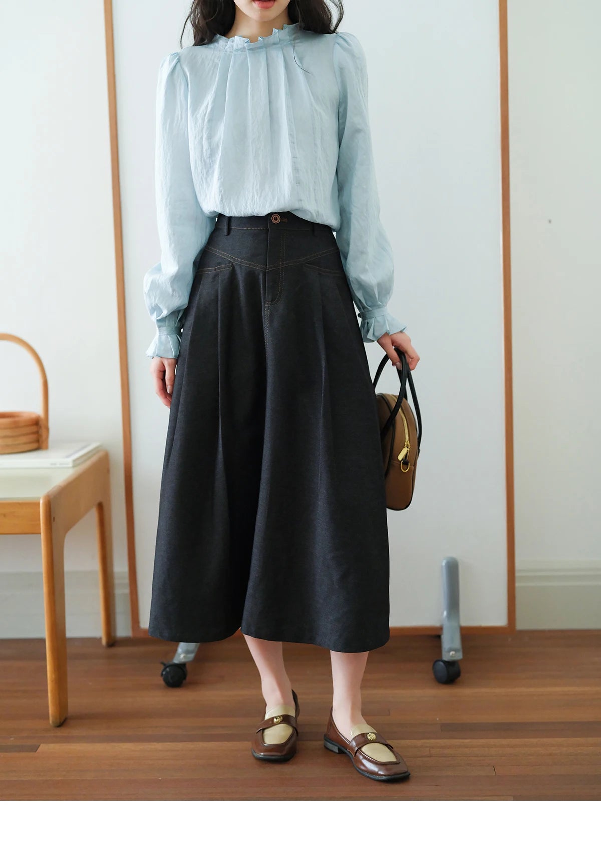 MISHOW High Waist Pleated Umbrella Denim Skirt A-LINE MXE41B2372