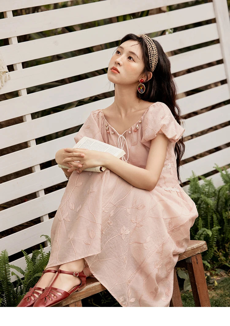 Mishow Print Beaded Neckline Puff Sleeve Dress MXE33L2208