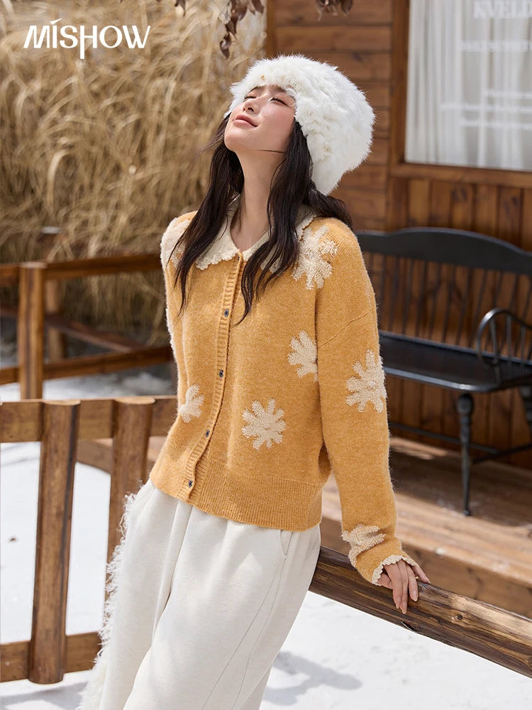 Mishow Yellow Retro Jacquard Turn-Down Collar Cardigan MXE88Z2691