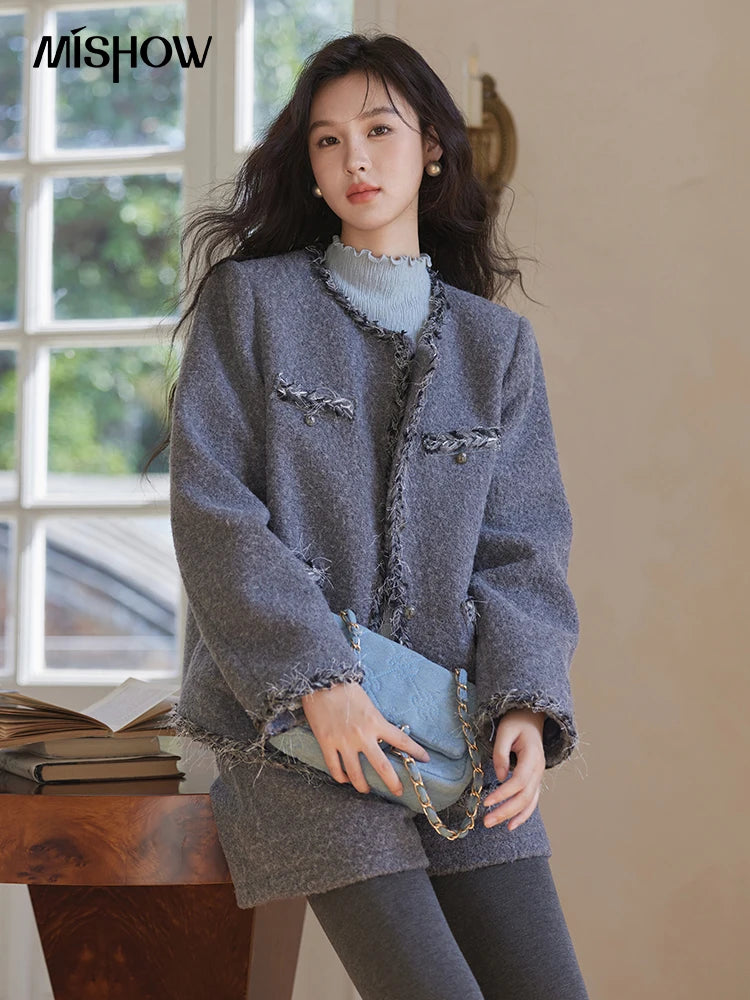 Mishow Plaid Tweed Jacket & Solid Shorts Set MXD35W0489