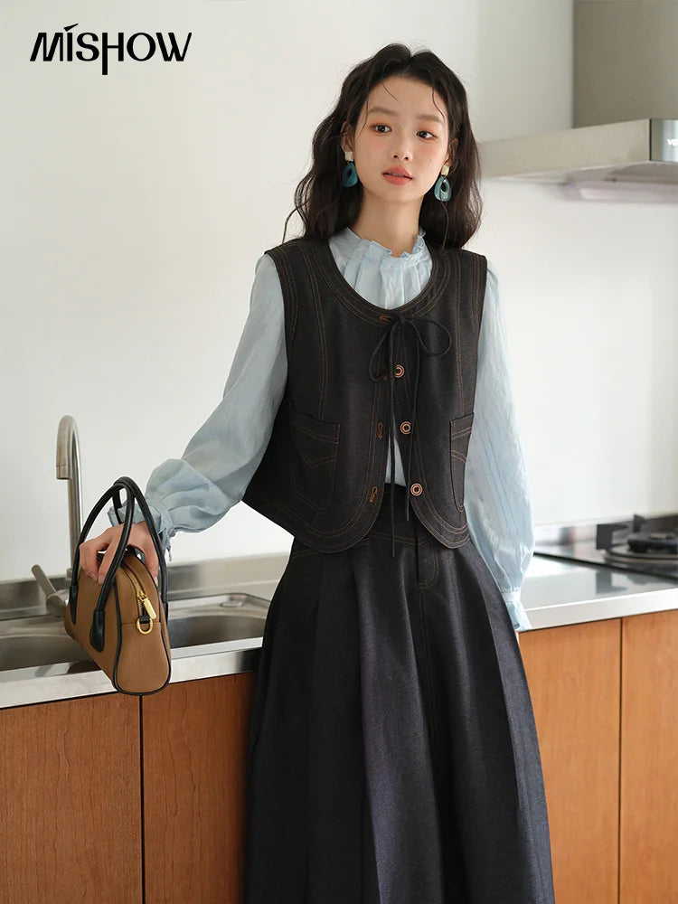 Mishow Deep Blue Imitation Denim Lace-Up Vest MXE41W0797