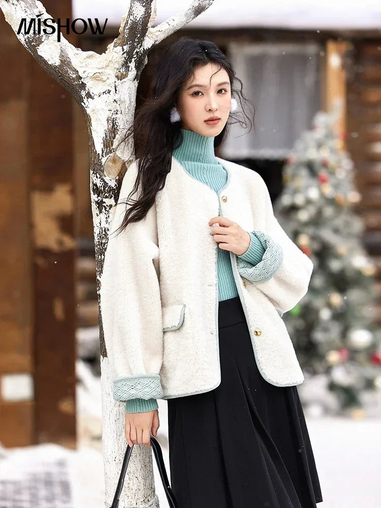 Mishow Lamb Wool Cuff Lace Metal Button Jacket MXD58W0740