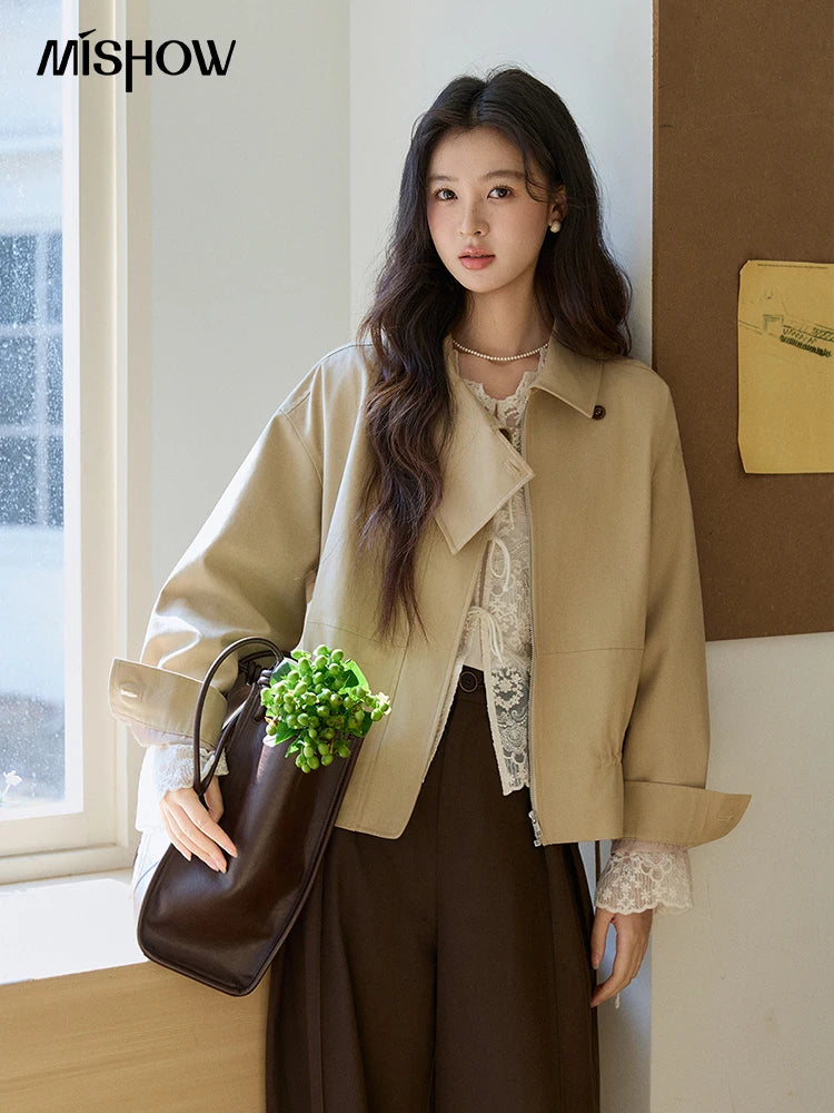 MISHOW Khaki Cropped Jacket Asymmetrical Collar Drawstring Waist MXF11W1029
