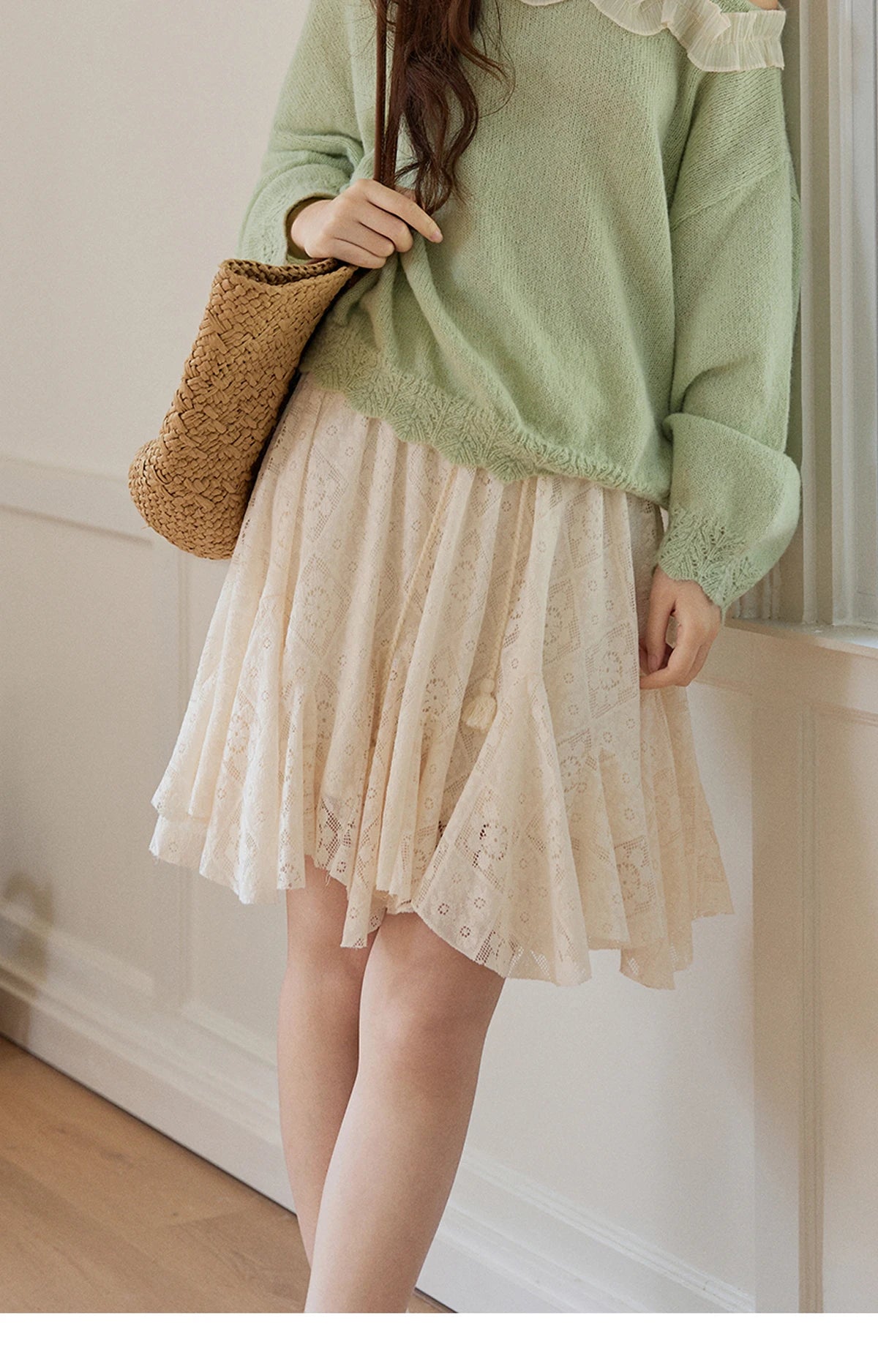 Mishow Beige Apricot Lace Tassel Midi Skirt MXF108B0768