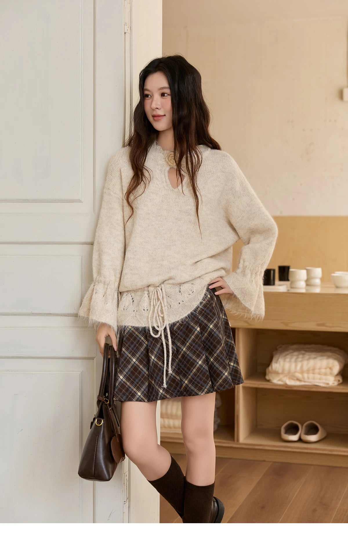 Mishow Apricot Drawstring 3D Flower Hollow Sweater MXE88Z2709
