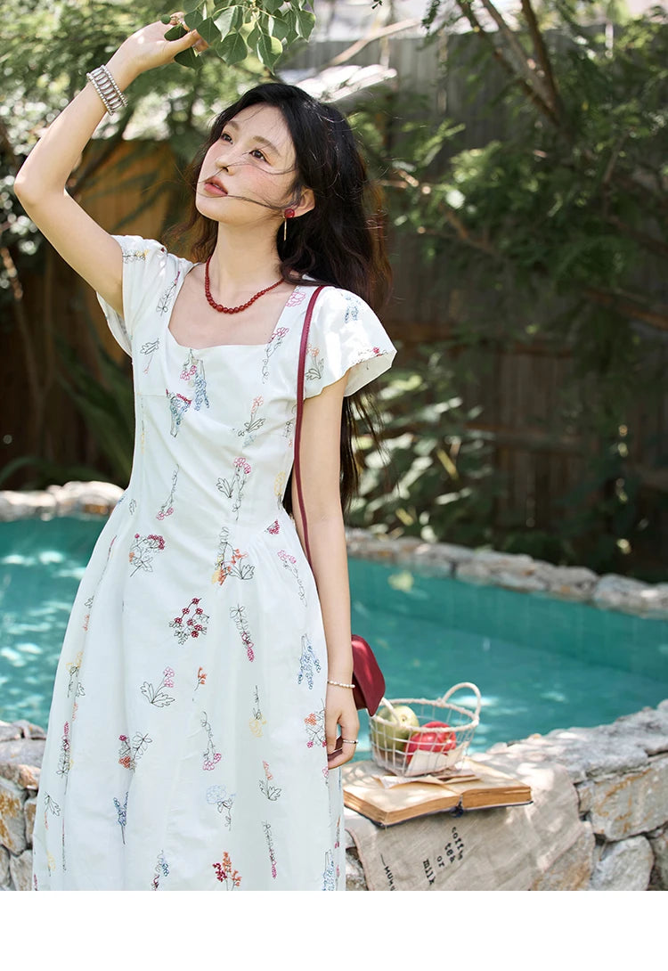 Mishow French Embroidery Square Neck Puff Sleeve Dress MXE39L2389