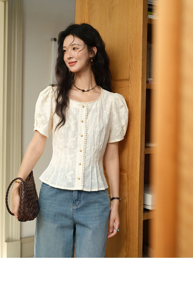 MISHOW Embroidery Cotton Shirt Puff Sleeve Button MXE39X1979