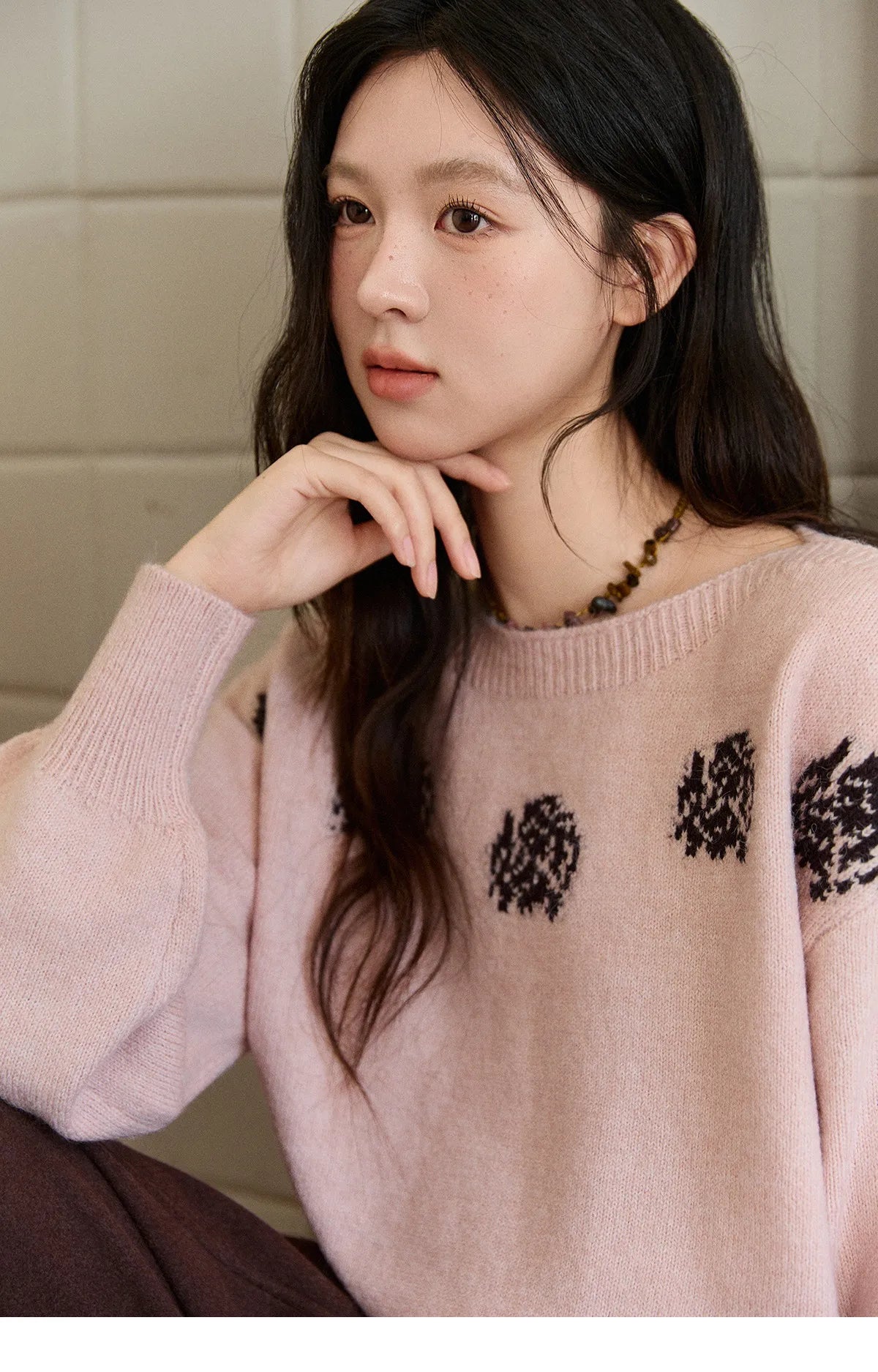 Mishow Pink Jacquard Lantern Sleeve Drop Shoulder Sweater MXE91Z2775