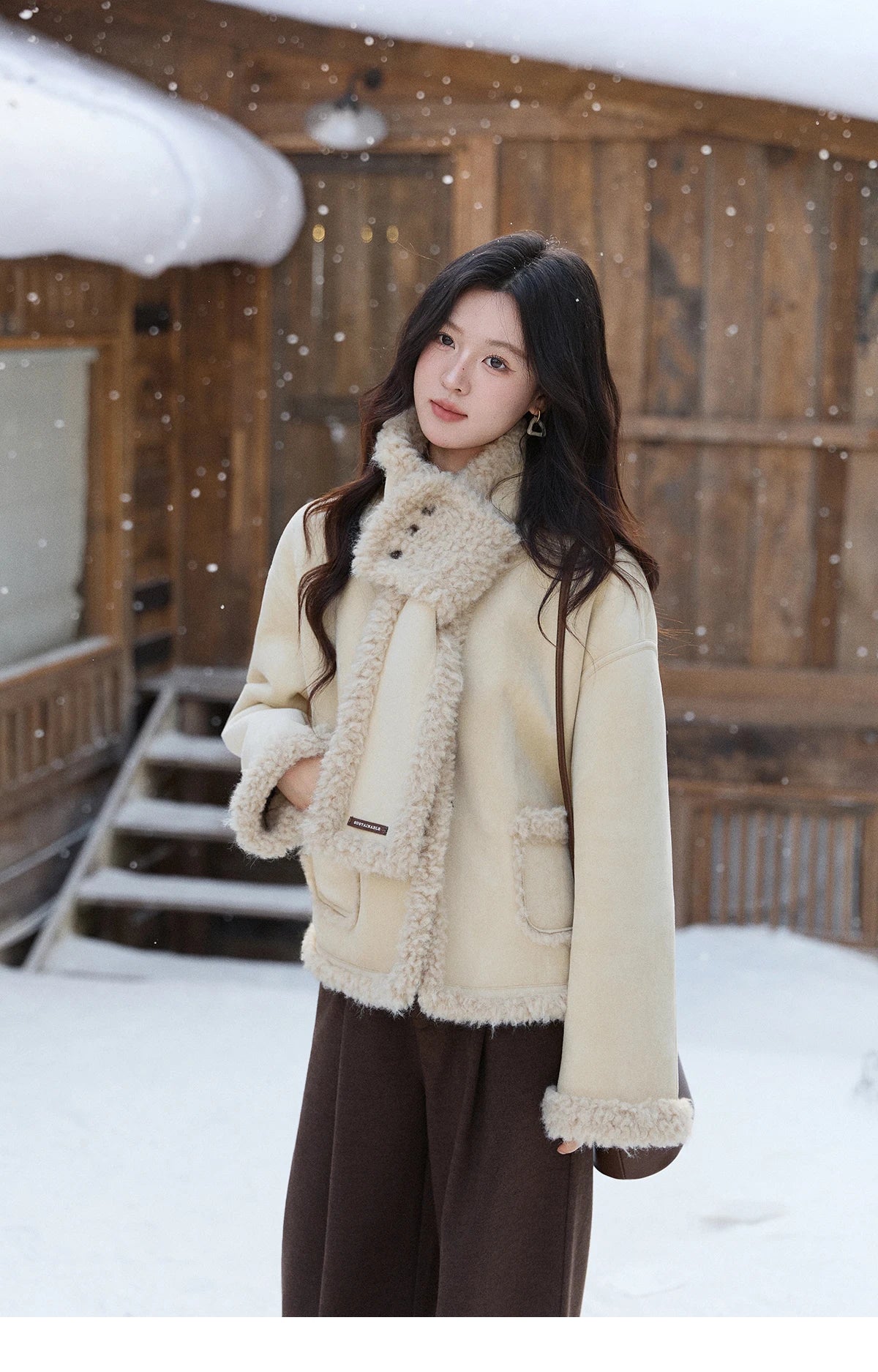 Mishow Cream Yellow Faux Suede Coat with Matching Scarf MXE91W1019